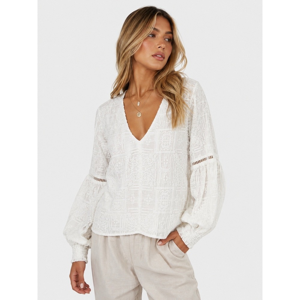 Palma Australia White Sheer Embroidered Boho V-Neck Balloon Sleeve Blouse XS